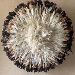 Könnte beinhalten: Kreisförmiger Wandbehang aus Federn. Die Federn sind in einem radialen Muster angeordnet, mit einem zentralen Bereich aus weißen Federn, der von einem Ring aus braunen, schwarzen und hellbraunen Federn umgeben ist. Der Wandbehang ist ein dekorativer Artikel.