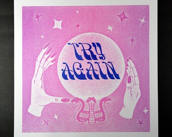 Crystal Ball Fortune Teller "Try Again" letterpress print