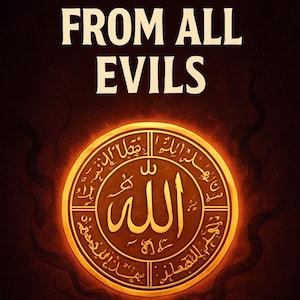 Op de afbeelding: Een goudkleurig cirkelvormig embleem met Arabische kalligrafie en het woord "ALLAH" in het midden, omgeven door een oranje gloed. De woorden "PROTECTION FROM ALL EVILS" staan bovenaan in het wit.
