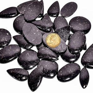 May include: A collection of polished, dark gray gemstones in various shapes, including ovals, teardrops, and irregular forms. A gold coin is placed among the stones for size comparison. The stones have a speckled appearance and a glossy finish.