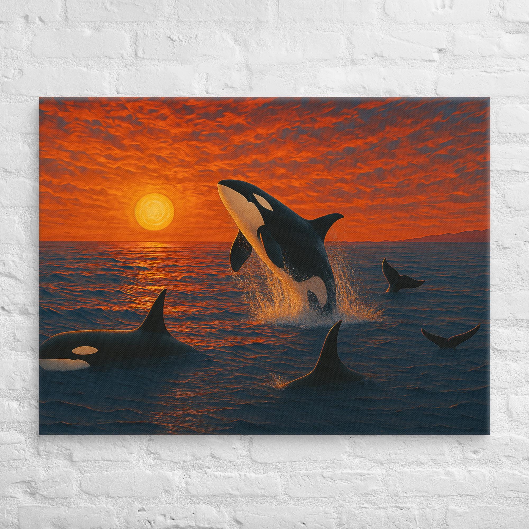 カラフルなシャチのキャンバスアート/ 原画の1点もの シャチの夕日のキャンバスプリント | 海岸沿いのリビングルームアート