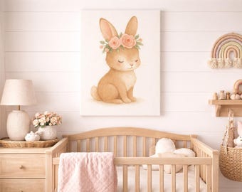 Watercolor Woodland Bunny Canvas Art: Floral Crown, Nursery Animal Print