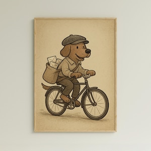 Animal Wall Art - Cute Dog Digital Print - Bicycle Illustration Poster - Nursery Room Decor - Whimsical Animal Artwork Download