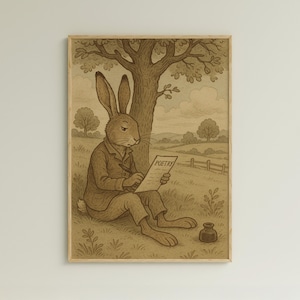 Animal Wall Art - Rabbit Writing Illustration - Digital Download Poster - Vintage Style Bunny Print - Whimsical Nursery Decor