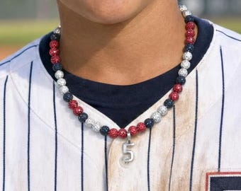 Custom Baseball or Softball Necklace, Team Colors + Jersey Number, Non-Elastic Player or Team Gift