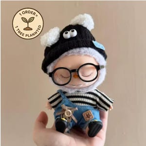 Labubu Clothes – Striped Sweater & Denim Overalls Outfit with Bear Hat and Glasses, Labubu Doll Accessories