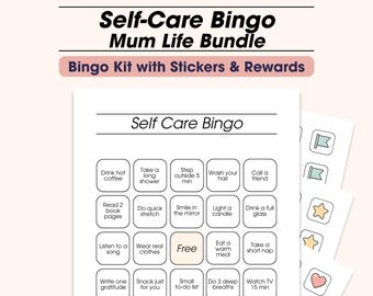 Zelfzorgbingo voor moeders: afdrukbare wellnessuitdaging met stickers (pdf)
