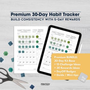 Puede incluir: Un rastreador de hábitos digital e impreso con el texto "Premium 30-Day Habit Tracker". La imagen incluye un paquete con ideas de desafíos y recompensas. También hay tijeras y formas troqueladas.