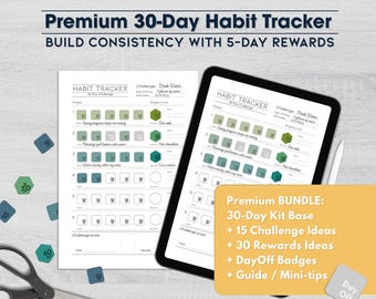 Bundel 30-dagen Habit Tracker Challenge: creëer consistentie met XP en beloningen (afdrukbaar en digitaal)