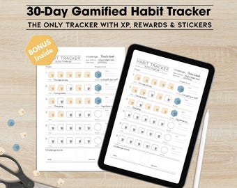 30-dagen Challenge Habit Tracker: gamified planner met XP, beloningen, stickers (afdrukbaar en digitaal)