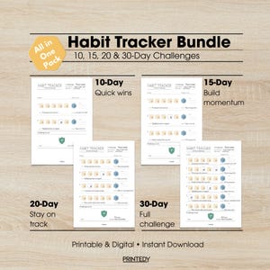 Könnte beinhalten: Ein Bundle ausdruckbarer Habit Tracker für 10-, 15-, 20- und 30-Tage-Challenges. Jeder Tracker hat ein Raster für den täglichen Fortschritt, mit dem Text "Habit Tracker" oben. Das Bundle enthält den Text "All in One Pack".