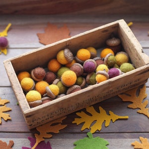 May include: A wooden box filled with colorful felt acorns in shades of yellow, orange, purple, and green. Felt leaves in various fall colors surround the box, creating a seasonal display. The box has text on the side.
