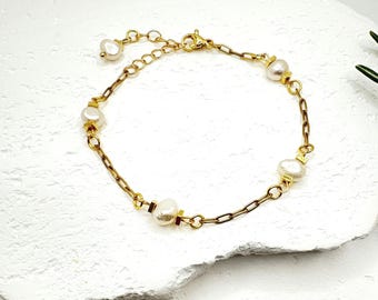 Freshwater Pearls Handcrafted Bracelet on 18kt gold-plated Paperclip Chain. Adjustable. Great Gift for Her