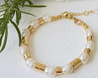 Handmade Bracelet with Fresh Water Pearls with 18kt Gold Plated Beads  - Adjustable Gift for Mother's Day