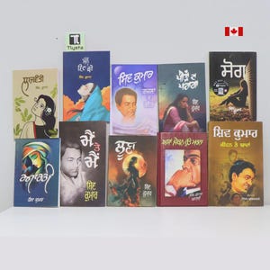 May include: A collection of Punjabi books with colorful covers. The books feature illustrations of people and text in Punjabi. The books are arranged on a white surface, with a Canadian flag in the background.