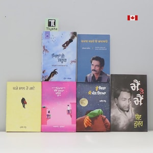Pode incluir: Uma coleção de seis livros com capas coloridas. Os livros apresentam texto em língua estrangeira, com imagens de pessoas, ilustrações e desenhos abstratos. Os livros estão dispostos sobre uma superfície branca.