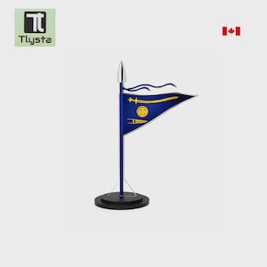 May include: A blue triangular flag mounted on a silver pole with a black circular base. The flag features a gold curved sword, a gold circular emblem, and a gold dagger symbol. The pole is topped with a silver finial and has a wavy blue banner.