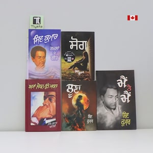 May include: A collection of five books with colorful covers. The books feature portraits and text in a foreign language. The covers are in various colors, including red, black, and purple. The books are arranged on a white surface.
