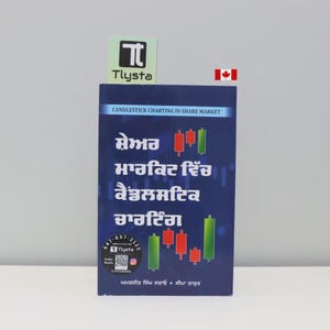 May include: A navy blue book titled "Candlestick Charting in Share Market" with text in a foreign language. The book features a green and red candlestick chart graphic. The Tlysta logo and a Canadian flag are visible.