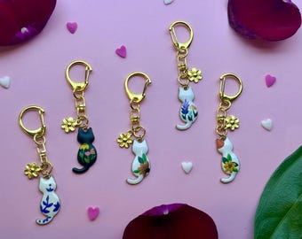 Floral Cat Keychain | Gold Flower Charm, Cat Lover Gift