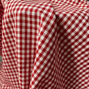 Può includere: Primo piano di tessuto a quadri rosso e bianco. Il tessuto è piegato e drappeggiato, mettendo in mostra il classico motivo a scacchi. Il materiale sembra essere cotone o un tessuto simile, con una consistenza morbida e una leggera lucentezza.