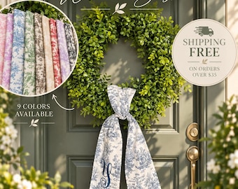 Personalized Toile Wreath Sash, Monogram Wreath Bow, Embroidered Initial Door Decor, French Country Wreath Sash, Custom Front Door Accent