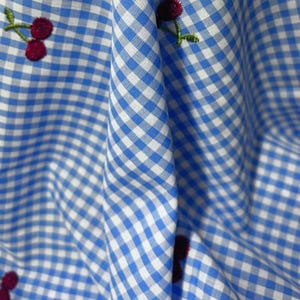 Blue Gingham Embroidered Cherries Fabric Yardage Fun Fruity Print Textile by the Yard Children Farmhouse Bedroom Drapery Craft Gift Idea