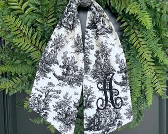 Personalized Toile Wreath Sash Navy Blue Black Red French Toile de Jouy Monogrammed Scarf Housewarming Customized Gift All Year Door Decor