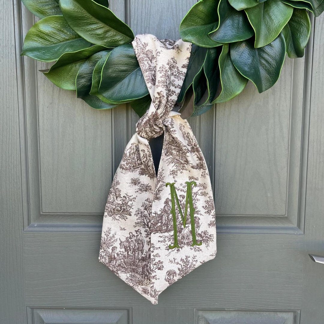 Cocoa Brown Toile Wreath Sash Customized Monogram Front Door Accent Embroidered Initial for Personalized Gift French Cottage Home Decoration