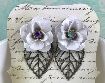 White Rose Earrings on Bronzed Leaf