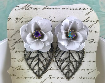 White Rose Earrings on Bronzed Leaf