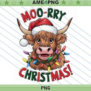 Funny Highland Cow Christmas PNG: Moo-rry Christmas Sublimation Design