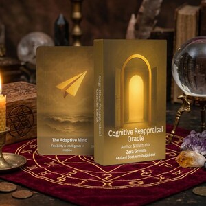 Könnte beinhalten: Ein Cognitive Reappraisal Oracle-Deck mit einem Leitfaden. Die Schachtel und die Kartenrückseiten sind goldfarben mit einem Papierflugzeug und einem bogenförmigen Türdesign. Eine brennende Kerze, eine Kristallkugel und Edelsteine sind ebenfalls im Bild.