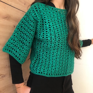 May include: A green crochet top with short sleeves. The top features a loose, open stitch design. The sleeves are flared. The top is worn over a black long-sleeved shirt and paired with black trousers.