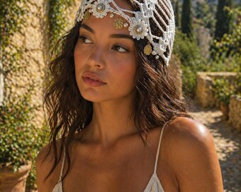 Coiffe crochet bonnet filet avec perles & breloques