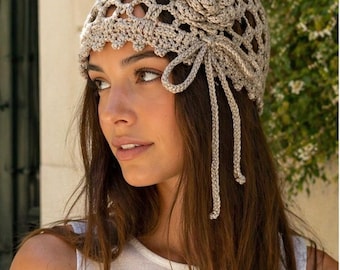 Bonnet filet bohème au crochet – Accessoire cheveux femme fait main – Style bohème chic été