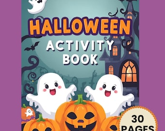 May include: A Halloween activity book with a cover featuring two white ghosts, three orange jack-o'-lanterns, a dark haunted house, and bats against a teal moonlit sky. The text reads HALLOWEEN ACTIVITY BOOK and a circular badge says 30 PAGES.