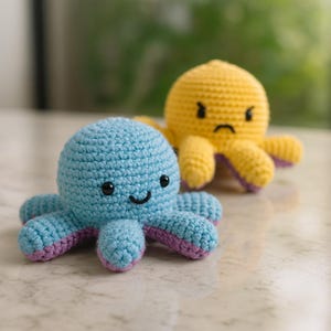 May include: Two crocheted octopus toys. One is light blue with purple accents and a smiling face. The other is yellow with purple accents and a frowning face. The toys are handmade and appear soft.