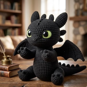Może przedstawiać: Czarny szydełkowy pluszowy smok z dużymi zielonymi oczami, skrzydłami i kolczastym ogonem. Smok siedzi na drewnianej powierzchni. Tło obejmuje półkę na książki i kominek.
