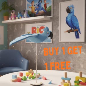 Handmade Blue Spix Macaw Puppet – Realistic Flapping Wings Parrot Toy, Stand Included