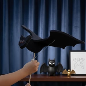 Realistic Flapping Bat Puppet with Wood Stand, Gothic Animal Decor