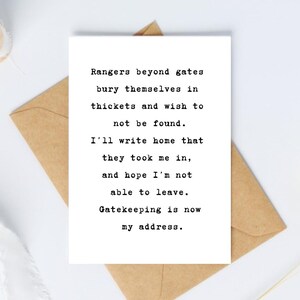 May include: A white greeting card with black text, placed on a brown envelope. The card features a poem about gatekeeping. The background is white.