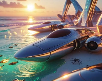 Futuristic Beach Sci-Fi Wall Art | Digital Download, Coastal Neon Sunset Print, Cyberpunk Decor for Gamers, Dreamy Seascape Poster