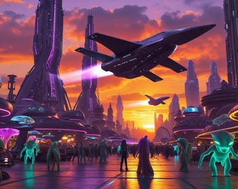 Futuristic City Cityscape Wall Art | Sci-Fi Neon Print | Instant Digital Poster | Digital Download