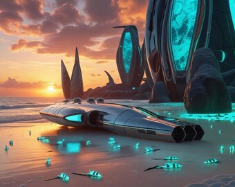 Futuristic Beach Sci-Fi Wall Art | Digital Download, Coastal Neon Sunset Print, Cyberpunk Decor for Gamers, Dreamy Seascape Poster