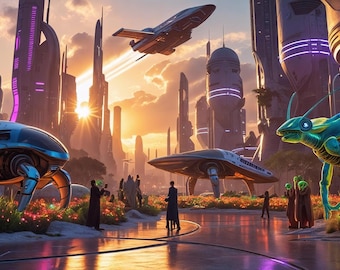 Futuristic City Cityscape Wall Art | Sci-Fi Neon Print | Instant Digital Poster | Digital Download