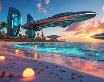 NeoTropic Dreams: Futuristic Beach Series | Futuristic Cityscape Wall Art | Sci-Fi Neon Print | Instant Digital Poster | Digital Download