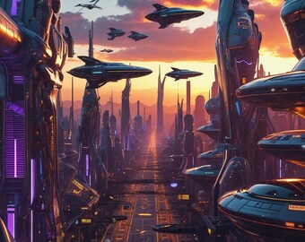 Futuristic City Cityscape Wall Art | Sci-Fi Neon Print | Instant Digital Poster | Digital Download