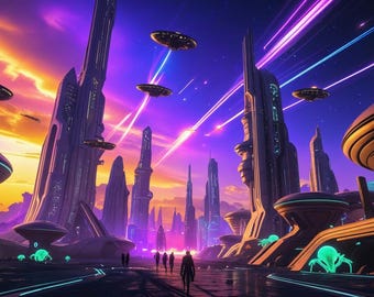 Futuristic City Cityscape Wall Art | Sci-Fi Neon Print | Instant Digital Poster | Digital Download