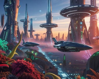 Futuristic City Cityscape Wall Art | Sci-Fi Neon Print | Instant Digital Poster | Digital Download